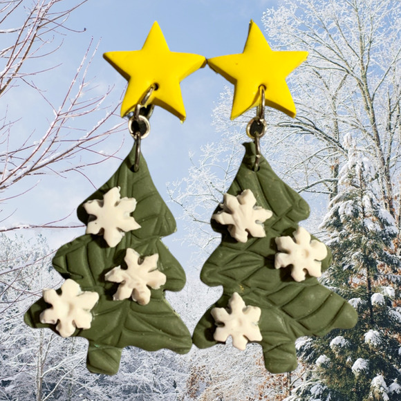 Christmas Tree with Snowflake Stud Earrings - Handmade, Polymer Clay - Picture 1 of 5